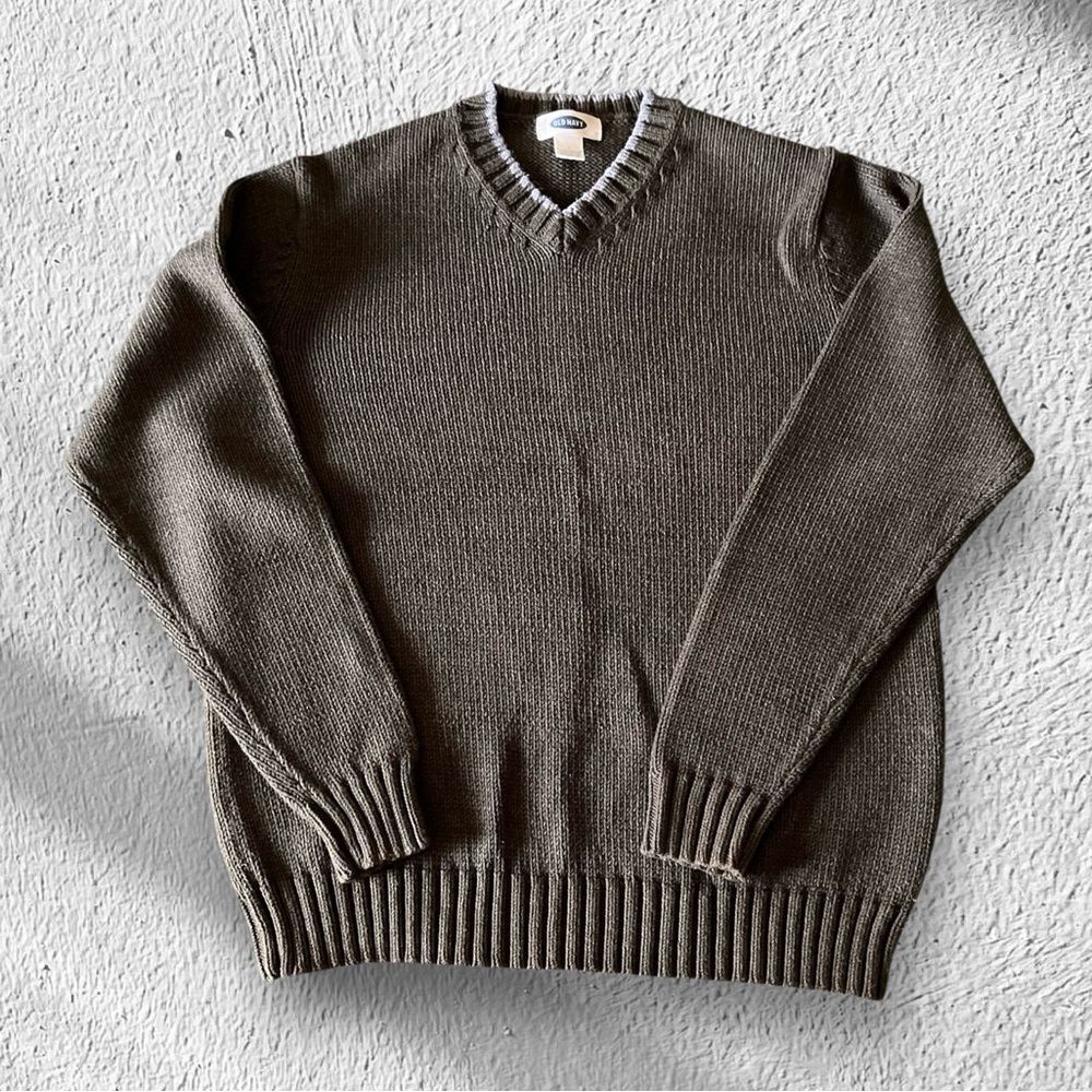 Old Navy Men’s V-Neck Sweater Size L Olive Green with Light Gray Trim